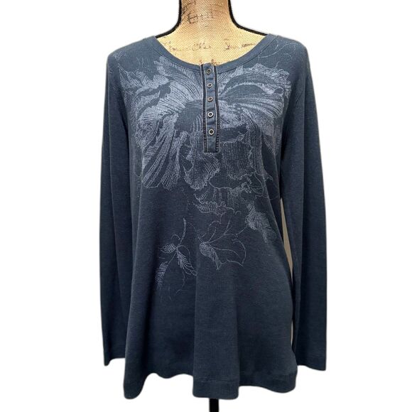 Eddie Bauer Y2K Long Sleeve Henley Tee Waffle Knit Floral Twilightcore Size XL - Picture 1 of 4